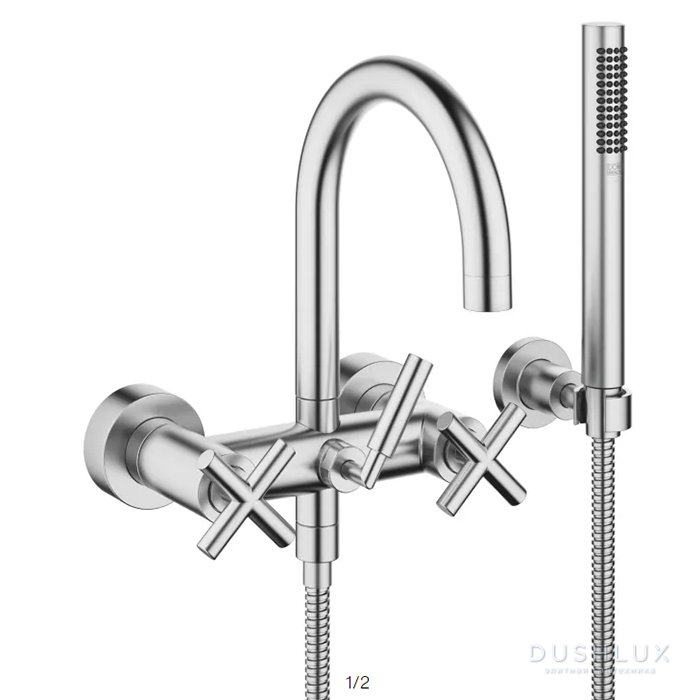 Фото Dornbracht Tara Смеситель для ванны, настенный, с ручным душем, цвет: Хром сатинированный