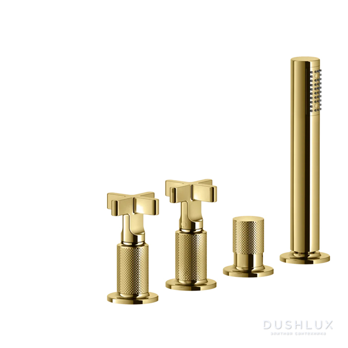 Фото Gessi Inciso Смеситель для ванны, на 4 отв., с переключатель потоков, шланг 150см, и ручным душем, цвет: золото
