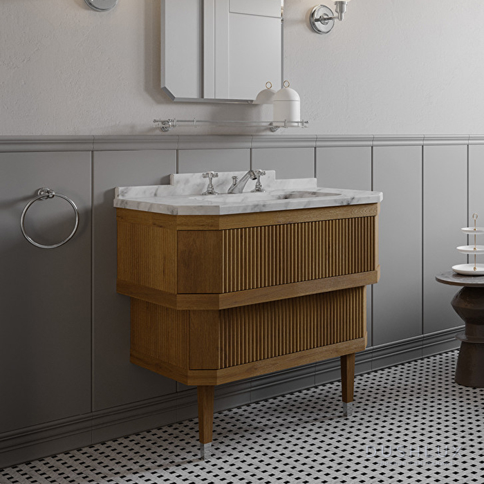 Фото Devon&Devon Metropolitan Essenc Тумба под раковину из дуба 88.5x95 см, стол. BIANCO CARRARA, рак. SWINDON на 3 отв белая , ножки хром, цвет: ROVERE