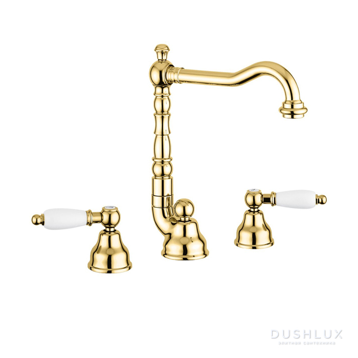 Фото Emmevi Deco Ceramic Смеситель для раковины (излив 18.3 см), на 3 отверстия, с донным клапаном, цвет: золото