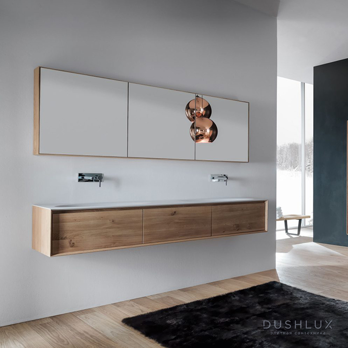 Фото Falper Shape Evo Комплект мебели подвесной, 183x43x33 см, тумба с двойной раковиной и зеркалом, цвет: светлое дерево
