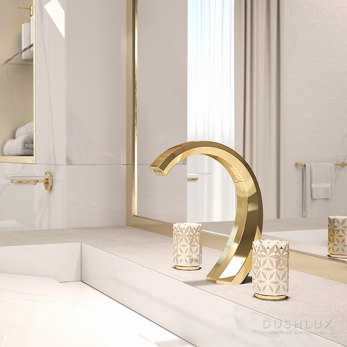 Фото THG Nihal Porcelaine Ivoire Смеситель для раковины на 3 отверстия, с донным клапаном, цвет: Soft gold
