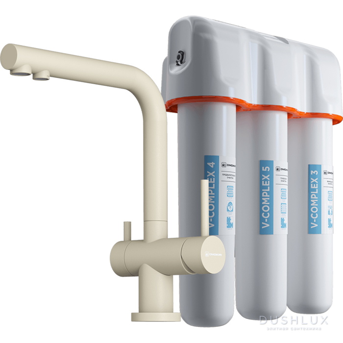 Фото Omoikiri Nagano-P + Pure drop Lite Смеситель для кухни, на 1 отв., излив: 26.5см., в комплекте с фильтром, цвет: ваниль