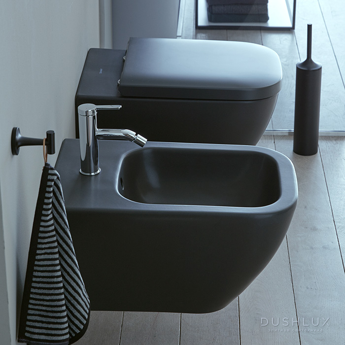 Фото Duravit Happy D.2 Plus Биде подвесное 35.5x54см, с переливом 1 отв для смес, с покрытием WG, цвет: антрацит матовый