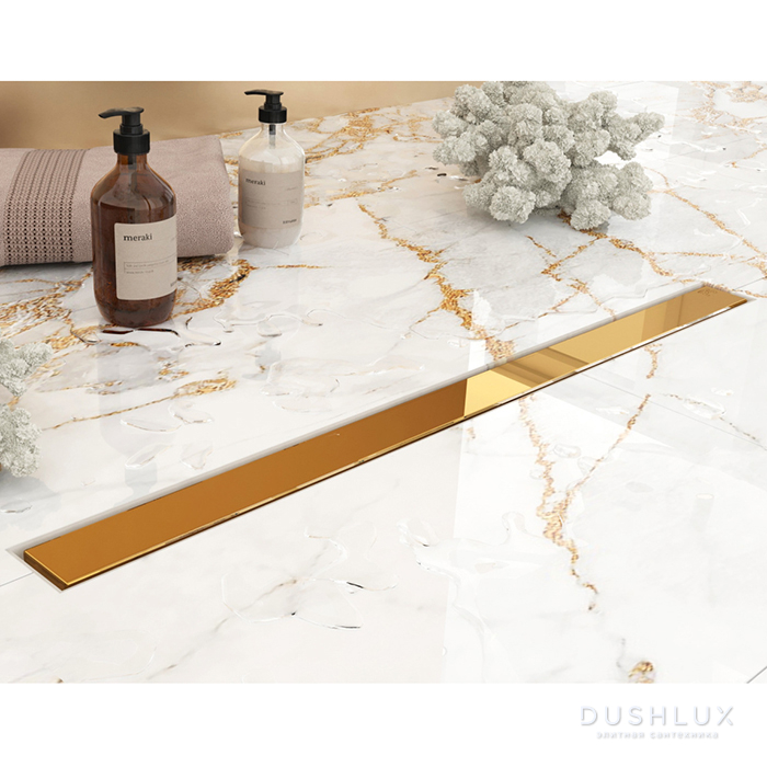 Фото Plumberia Selection Трап душевой PS MODULAR 4x60см., 2устор. накладка из нерж. стали, комбинир. затвор с горизонт. выпуском Ду 50мм., 40л/мин., цвет: золото 24К