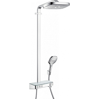 Hansgrohe Raindance Select E Душевая система Showerpipe: верх.душ 300 3jet, ручн.душ, шланг, термостат с полочкой, цвет: белый/хром