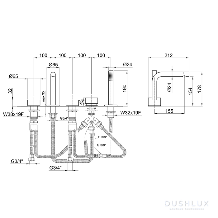 Fantini AF/21 Набортный смеситель для ванны, 5 отв., излив 155 мм, цвет ...