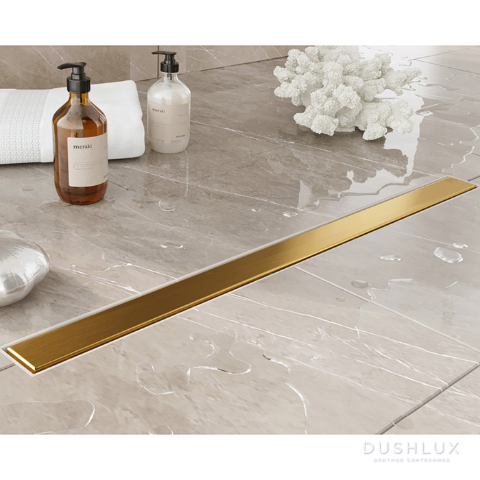 Фото Plumberia Selection Трап душевой PS MODULAR 4x60см., 2устор. накладка из нерж. стали, комбинир. затвор с горизонт. выпуском Ду 50мм., 40л/мин., цвет: золото брашированная
