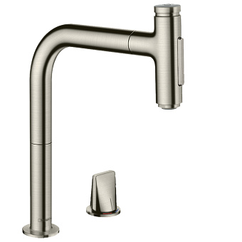 Hansgrohe Metris M71 Смеситель для кухни, на 2 отв, поворотный излив 221мм с вытяжным душем, 2jet, h208мм, sBox, цвет: под сталь