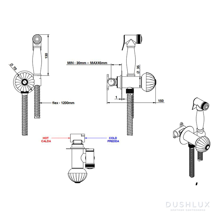 BONGIO RADIANT Гигиенический душ с прогрессивным смесителем, шланг 1200 ...