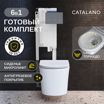 Комплект 6 в 1: унитаз Catalano Zero безободковый, инсталляция, сиденье микролифт, крепление, звукоизоляция, клавиша смыва: хром