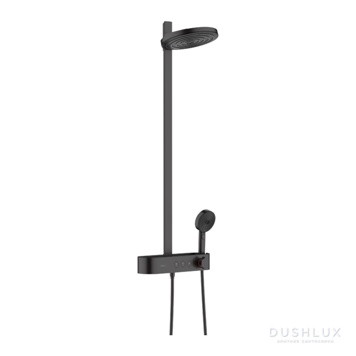 Фото Hansgrohe Pulsify Душевая стойка с термостатическим смесителем, верхним душем Ø260 мм с 2 режимами, ручным душем и шлангом, цвет: черный матовый/графит