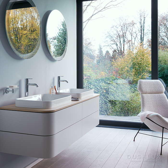Фото Duravit Happy D.2 Plus Тумба подвесная 160x55x40.8см с 2 раковинами, 4 ящика, цвет: nordic white satin matt