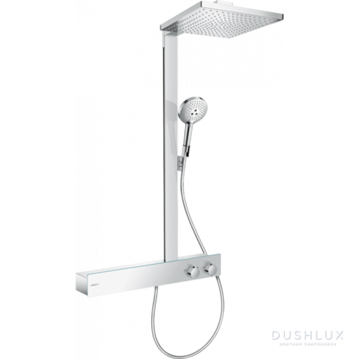 Фото Hansgrohe Raindance E Душевая система Showerpipe: верх.душ 300х300мм 1jet, ручн.душ 3jet, шланг 1,6м, термостат для душа с полкой, цвет: хром