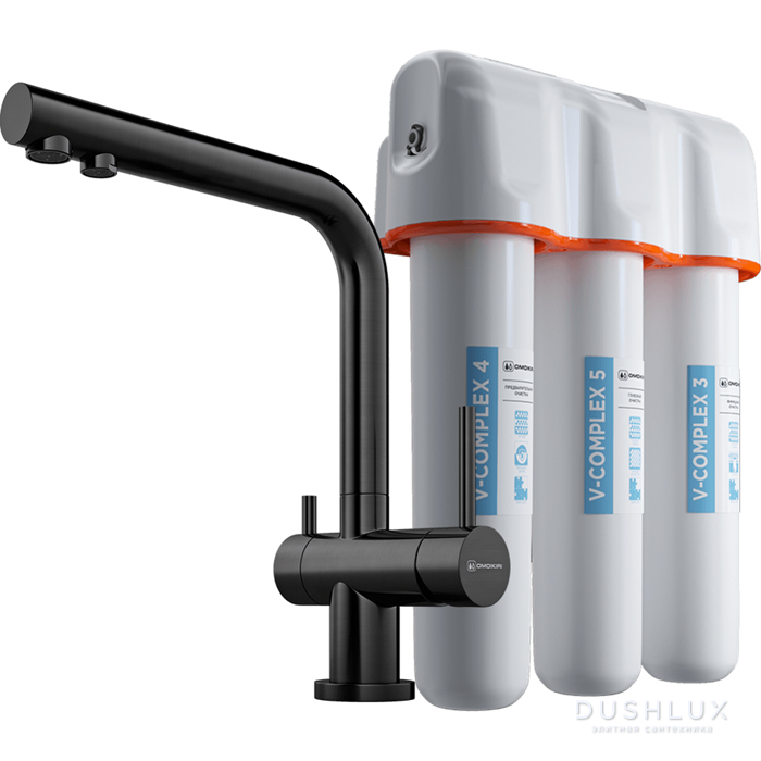 Фото Omoikiri Nagano + Pure drop Lite Смеситель для кухни, на 1 отв., излив: 26.5см., в комплекте с фильтром, цвет: вороненая сталь