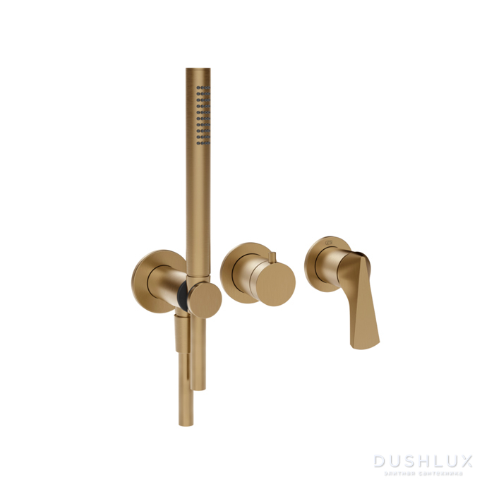 Фото Gessi Ventaglio Смеситель для душа, настенный, на 2 выхода, с ручным душем и переключателем, цвет: Warm Bronze Br PVD