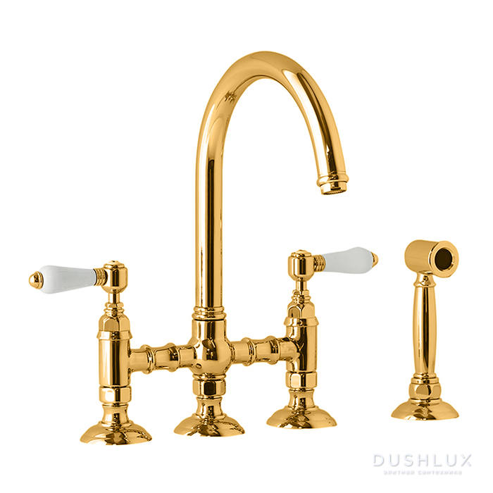 Фото Nicolazzi El Capitan Смеситель для кухни, на 4 отв., с вытяжным ручным душем, цвет: Gold Brass