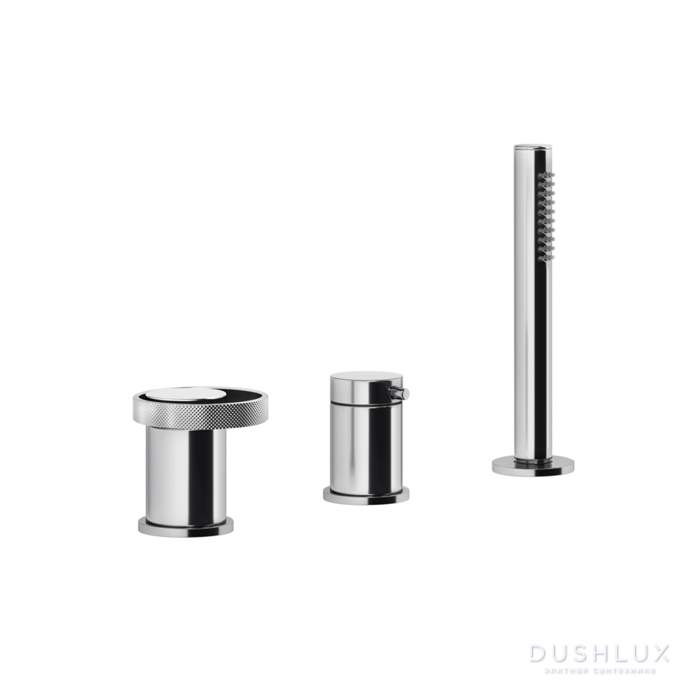 Фото Gessi Anello Смеситель для ванны на 3 отверстия, девиатор, шланг, лейка. Наполнение через слив-перелив, цвет: хром