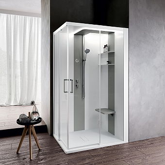 Novellini Skill A Душевая кабина 120х100х217.5cмм., Dx, Essential, поддон 12.5см., с термостатическим смесителем, стекло, цвет: белый глянцевый/Light grey