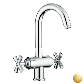 Emmevi Spirit New Смеситель для раковины, на 1 отв., с поворотным изливом и донным клапаном, цвет: брашированное золото