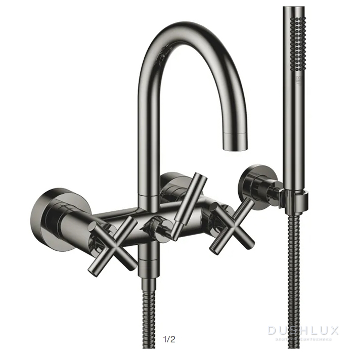 Фото Dornbracht Tara Смеситель для ванны, настенный, с ручным душем, цвет: Dark Chrome