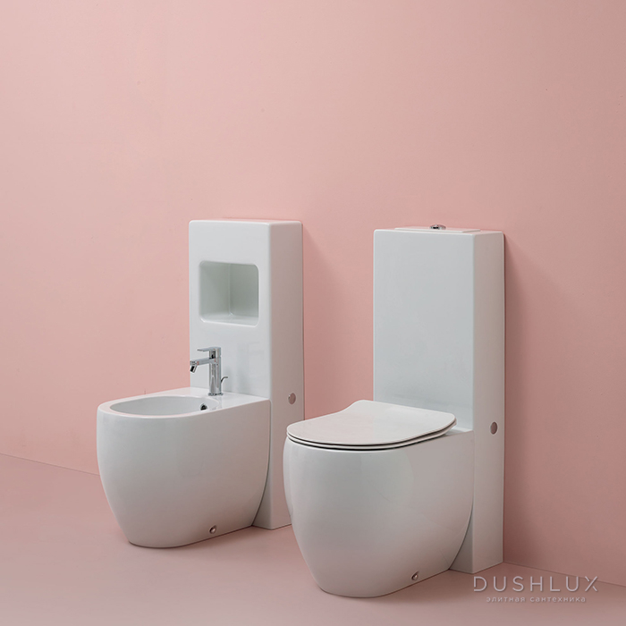 Фото Kerasan Flo Унитаз приставной 52x36см, слив в стену, с бачком напольным, с белым сиденьем Slim, цвет: белый
