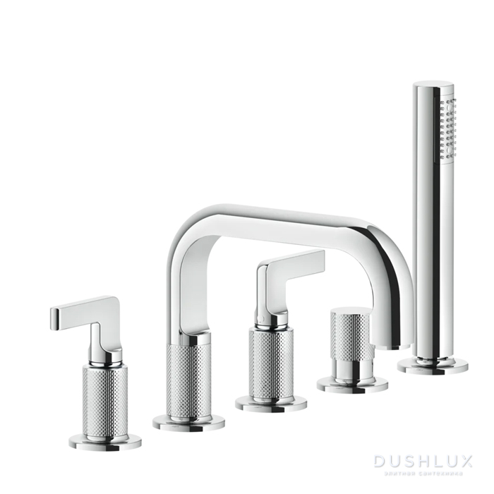 Фото Gessi Inciso Смеситель для ванны, 5 отв., с ручным душем и шлангом 150 см, цвет: хром