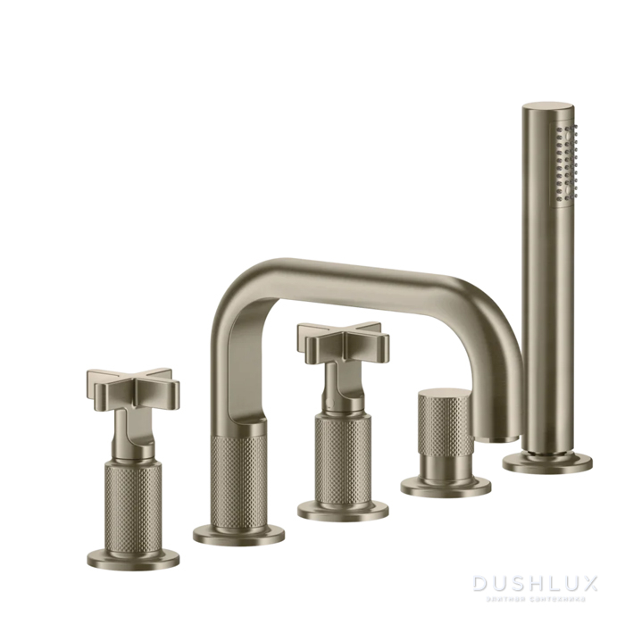 Фото Gessi Inciso Смеситель для ванны на 5 отверстий с изливом, переключателем, ручным душем и шлангом 1,50 м, цвет: finox