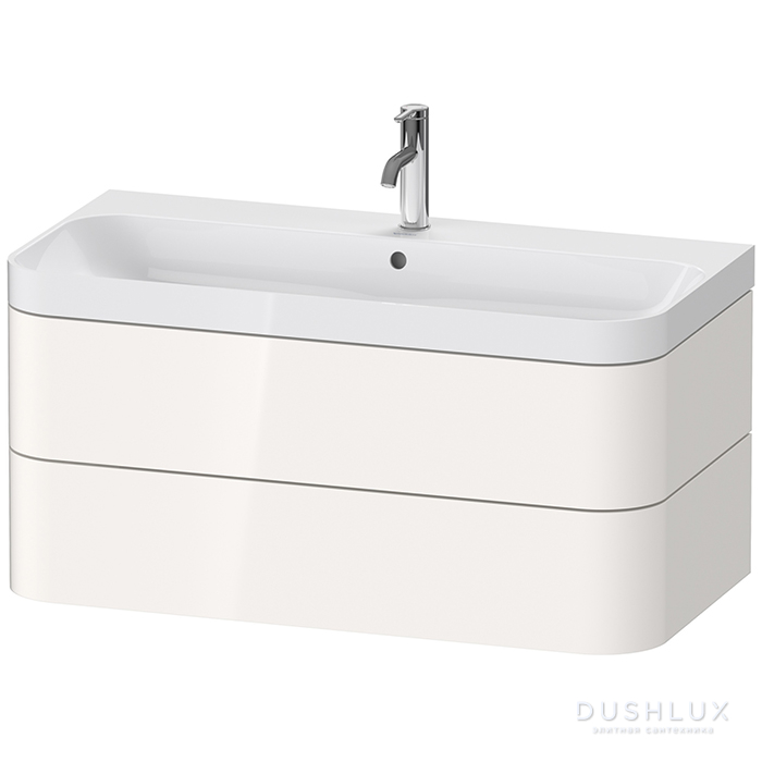 Фото Duravit Happy D.2 Plus Тумба подвесная с умывальником 97.5х49х46.8см, с 1 отв под смесит, 2 ящика, выпуск и сифон в комплекте, цвет: белый глянцевый