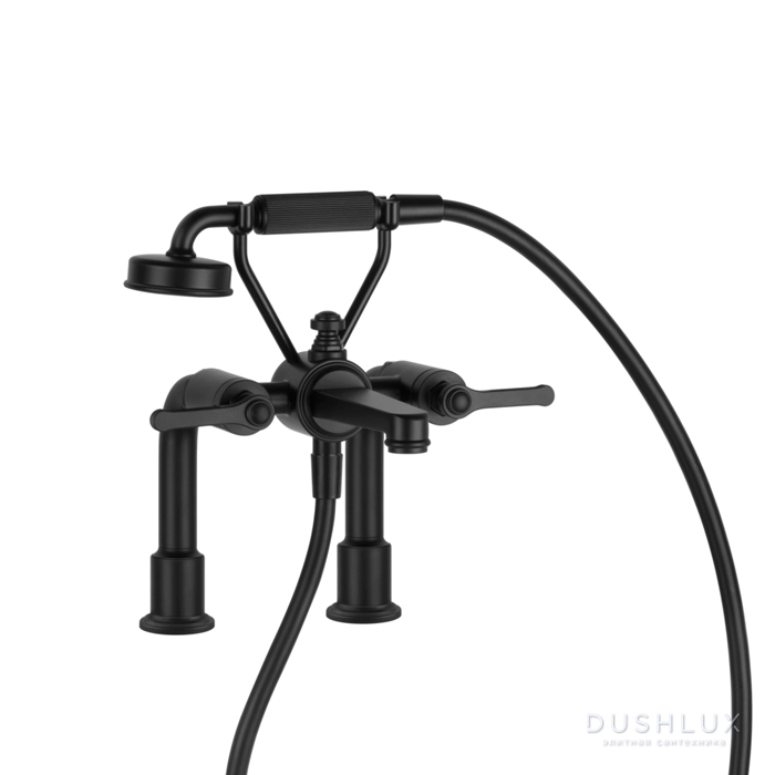 Фото Gessi Venti20 Смеситель для установки на борт ванны на 2 отверстия, двухвентильный, с ручным душем и шлангом 1500 мм., цвет: черный матовый