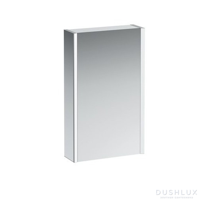 Фото Laufen Frame 25 Шкаф зеркальный 45x15x75см., алюминий, 1 дверца с зеркалом с 2х сторон, DX, сенс. выкл., 2 розетки, 2 верт-х эл-та LED-подсветки (регул-ая яркость), с окружающим освещением (внизу)