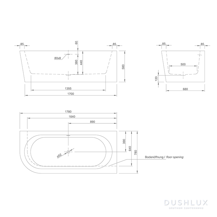 Фото KNIEF Wall Corner L Ванна пристенная, 180х80х60см., с щелевым переливом, со слив-переливом, цвет: белый