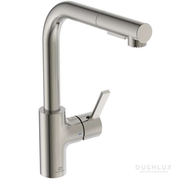 Фото Ideal Standard Gusto Смеситель для кухни, на 1 отв., с высоким вытяжным трубчатым изливом цвет: PVD Silver Storm (Серебряный Шторм)