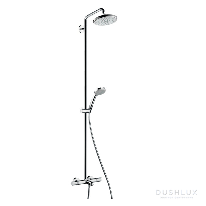 Фото Hansgrohe Croma Душевая система Showerpipe: верхний душ 220 1jet, ручной душ, термостат для ванны, штанга для душа, держатель, излив 186мм, цвет: хром