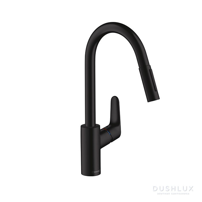 Фото Hansgrohe Focus Кухонный смеситель, на 1 отв., поворотный и вытяжной излив 220мм, h225мм 2jet, цвет: черный матовый