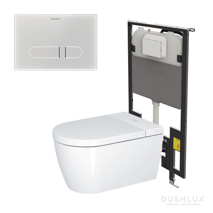 Фото Duravit SensoWash Унитаз подвесной, безободковый, с сиденьем Sensowash, инсталляцией и клавишей, покрытие Hygieneglaze, цвет: белый