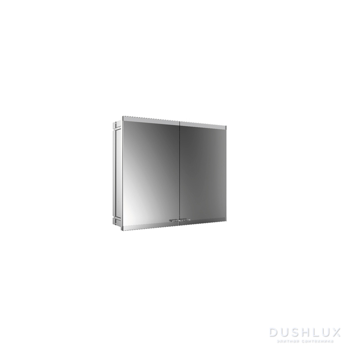 Фото EMCO Evo Зеркальный шкаф 80x70см., с подсветкой, встраиваемый, 2 двери, 2 полки, розетка, цвет: алюминий