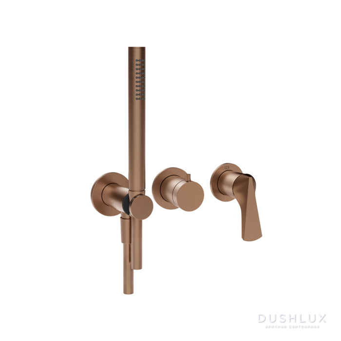 Фото Gessi Ventaglio Смеситель для душа, настенный, на 2 выхода, с ручным душем и переключателем, цвет: Copper Brushed PVD