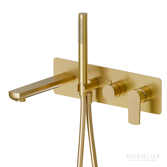 Фото Newform Haka Смеситель для ванны, встраиваемый, с душевым гарнитуром, цвет: PVD brushed gold