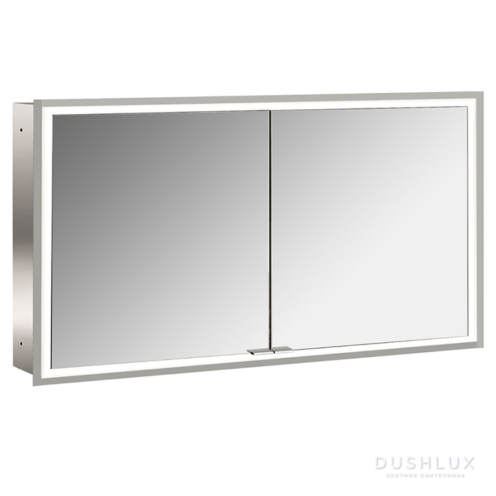 Фото EMCO Prime Зеркальный шкаф 130x70см., с подсветкой, встраиваемый, 2 двери, 2 полки, розетка, цвет: белый