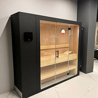 KLAFS Сауна раздвижная S1 размер L: 232x160x211см, печь 6.0 кВт, блок управления, цветное освещение, фасад прозрачный, отделка: хемлок/черный