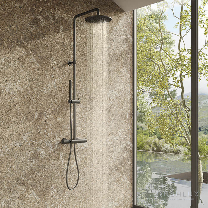 Фото Newform X-Steel 316 Душевая стойка с термостатическим смесителем, верхним душем 25см., ручным душем и шлангом 150см., цвет: нержавеющая сталь