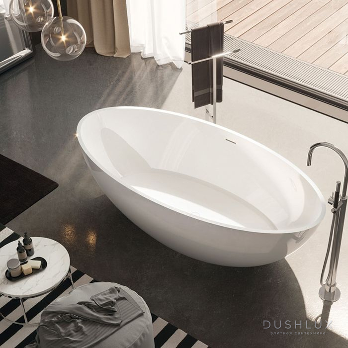 Фото Gruppo Treesse Carezza Ванна 170х80х52см., отдельностоящая, Solid Surface, с сливом-переливом и сифоном, цвет: белый глянцевый