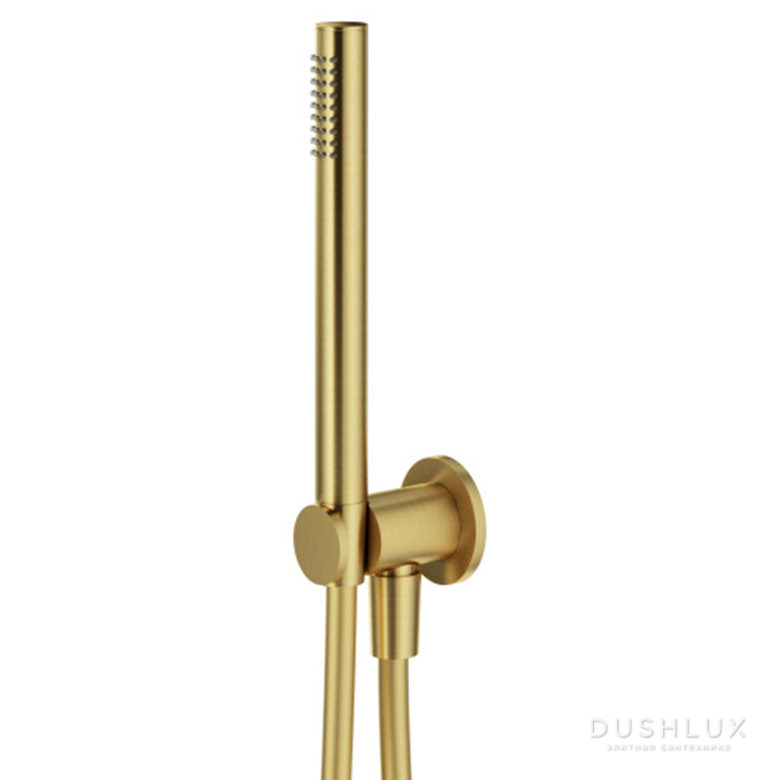 Фото Plumberia Selection IXO Душевой гарнитур с ручным душем, с держателем, запорным клапаном и шлангом PVC 150см., цвет: брашированое золото
