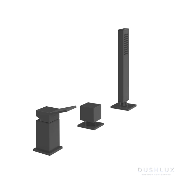 Фото Gessi Rettangolo K Смеситель для ванны на 3 отверстия, с переключателем и ручным душем, без излива, цвет: черный