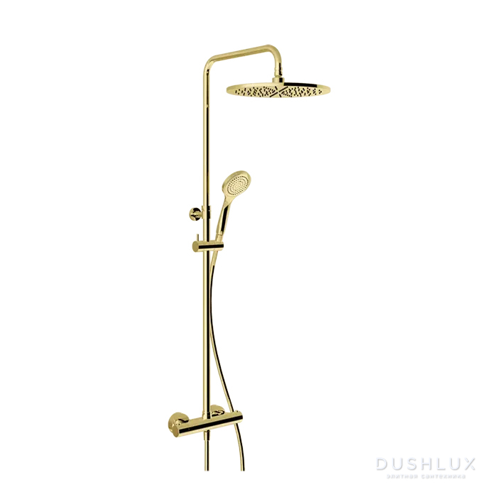 Фото Gessi Minimalistic Shower Душевая стойка с термостатическим смесителем, верхним душем Ø300 мм., ручным душем и шлангом 1500 мм, цвет Gold PVD