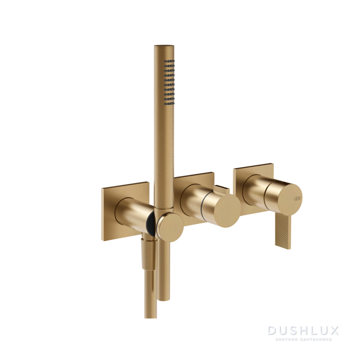 Фото Gessi Inverso Rigato Смеситель для душа, настенный, на 2 выхода, с переключателем и ручным душем, цвет: Warm Bronze Br PVD