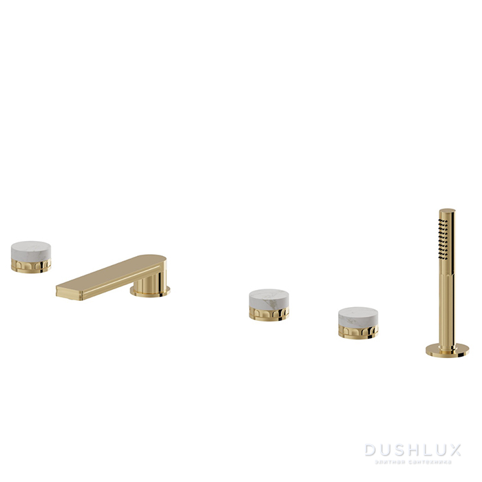 Фото Newform Ionika allure bagno Смеситель на борт ванны, на 5 отв., с изливом и ручным душем, белый мрамор, цвет: PVD glossy gold